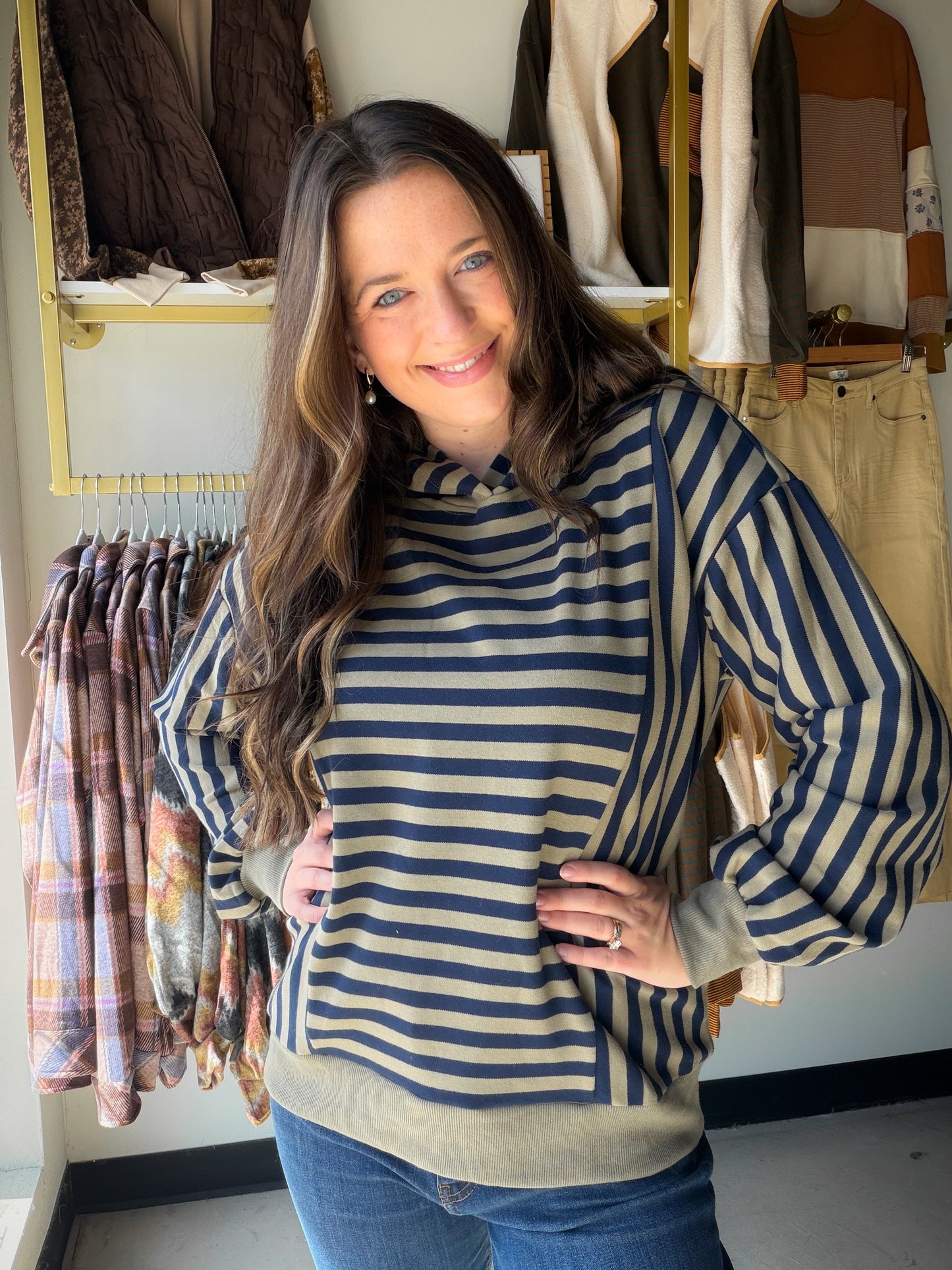 Navy & Olive Striped Hoodie