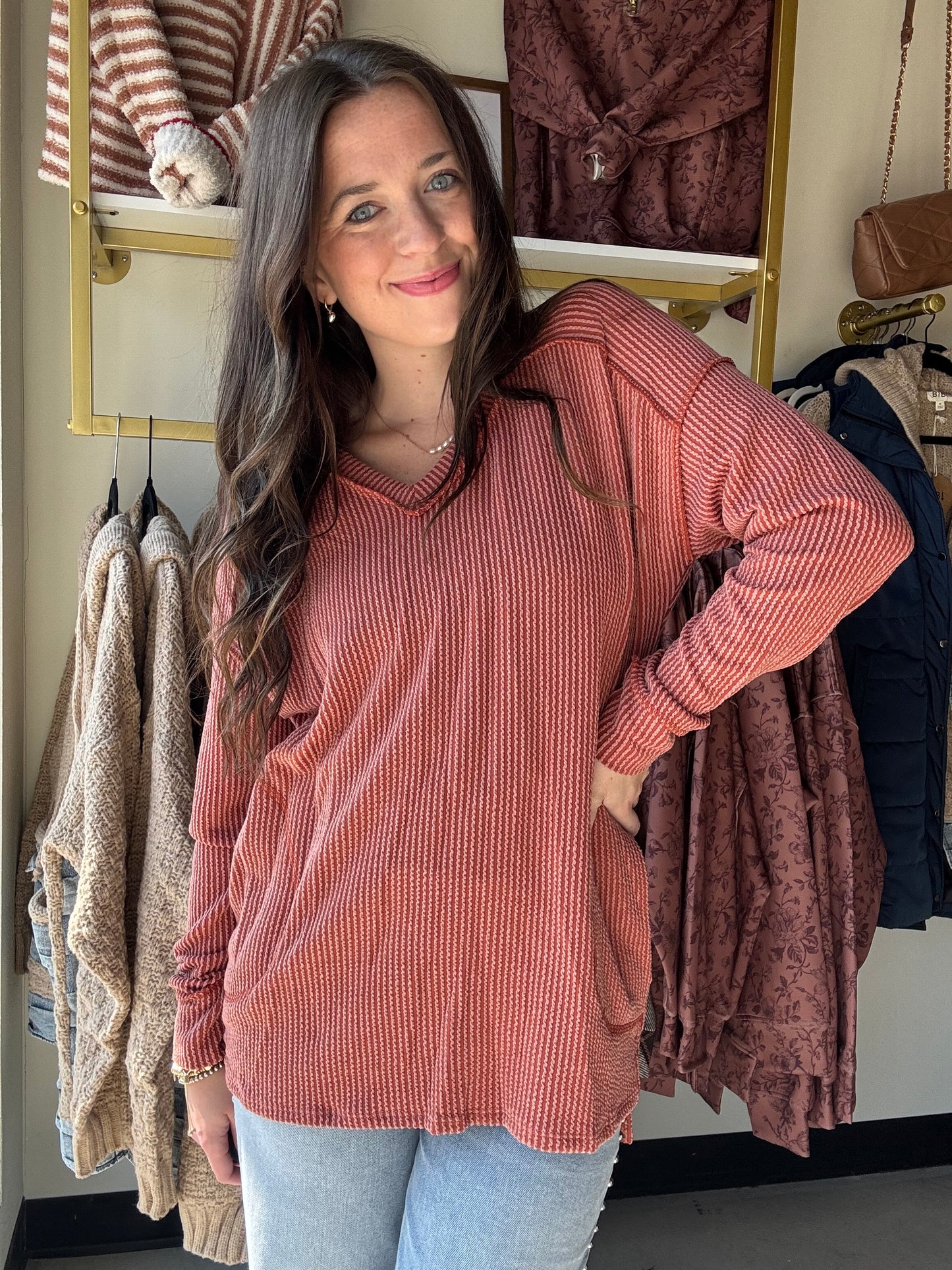 Brick Ribbed V Neck