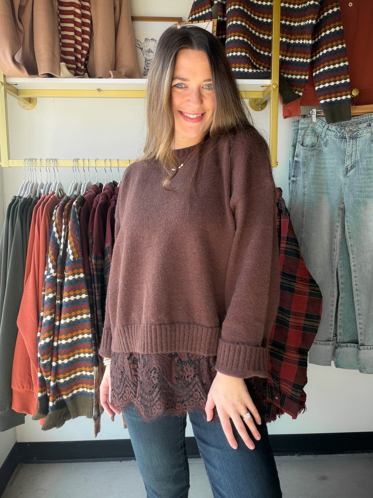 Chocolate Lace Trim Sweater