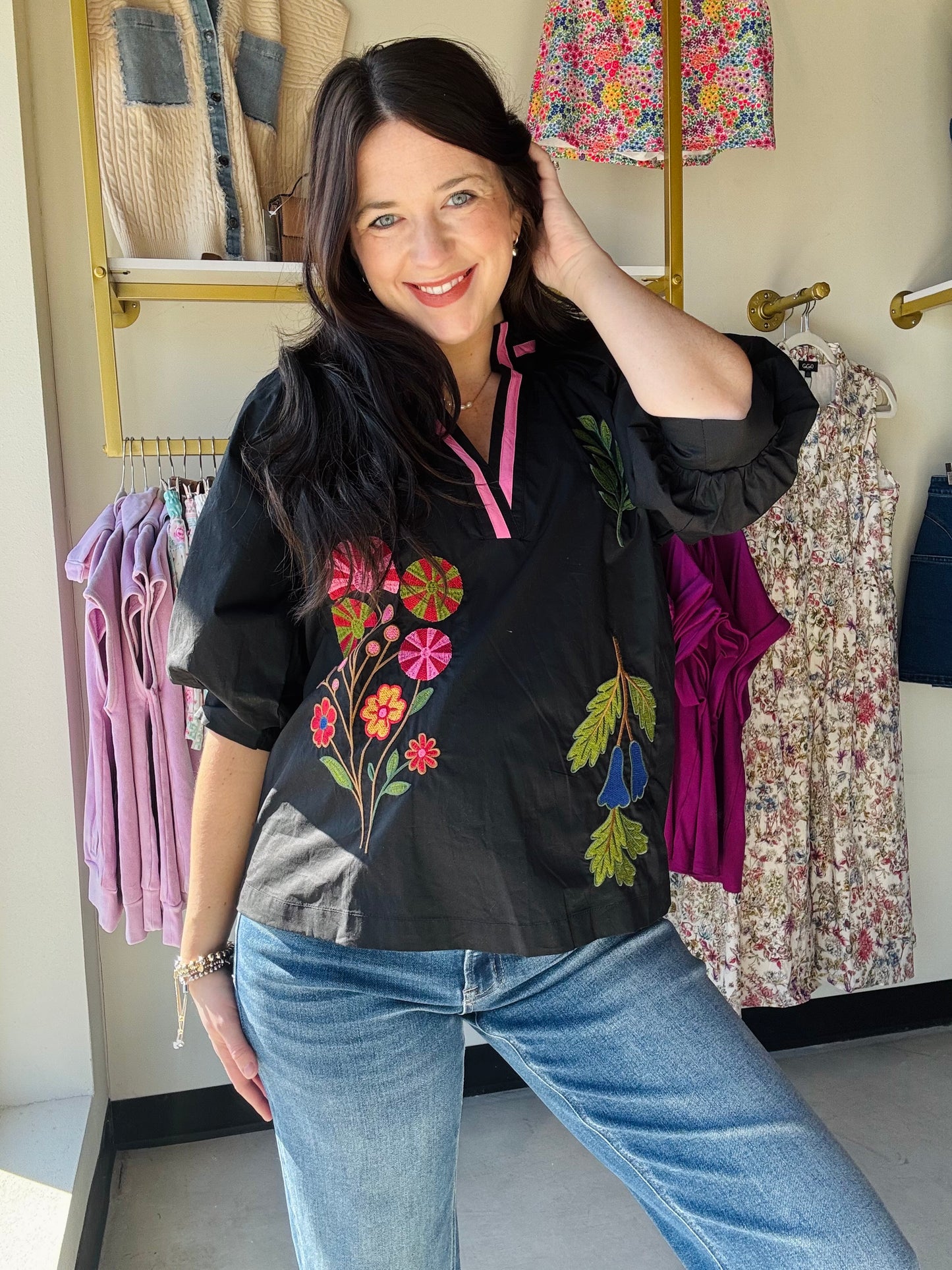 Black Contrast Embroidered Blouse