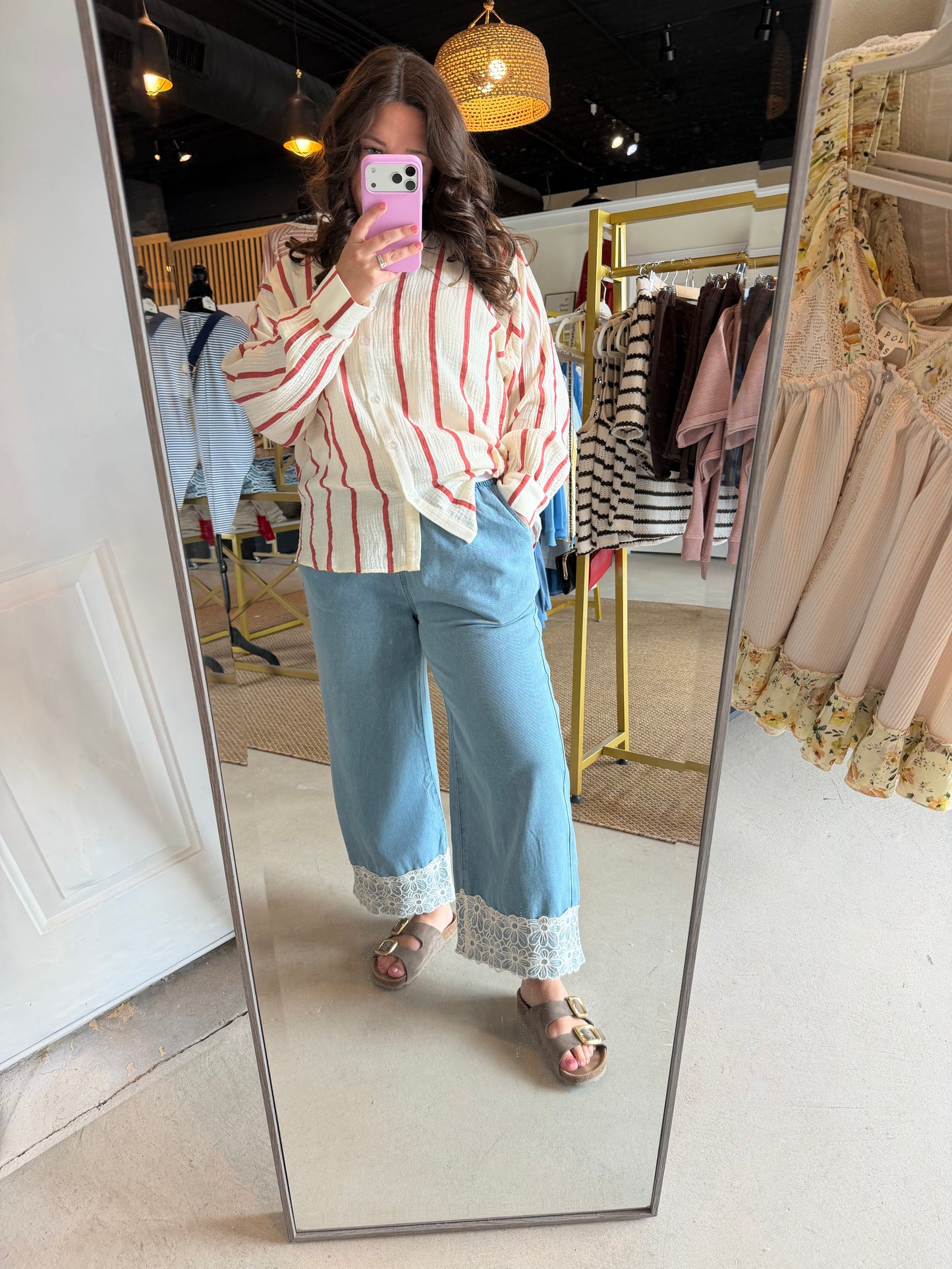 Cream & Red Stripe Gauze Top