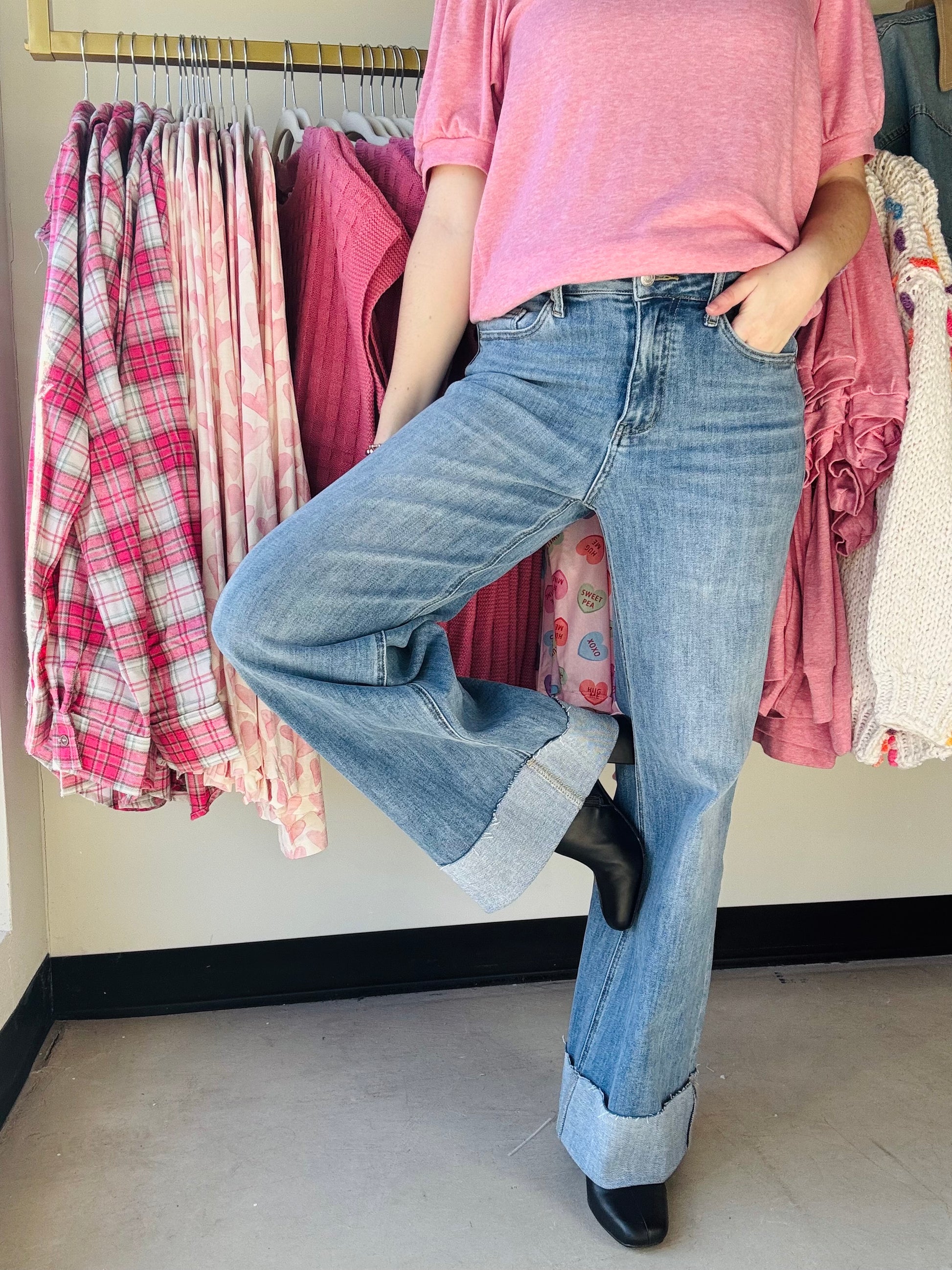 Cuffed leg medium wash denim jeans