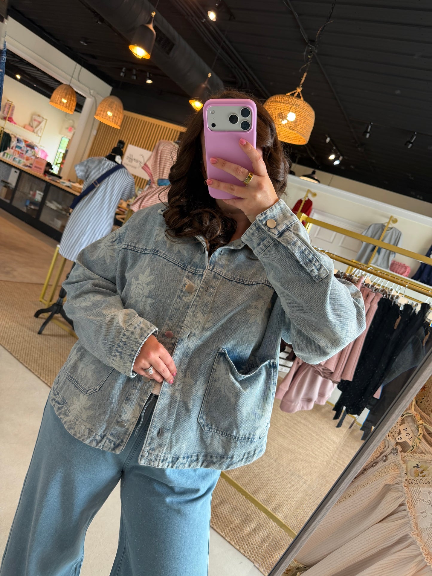 Rose Printed Washed Denim Jacket