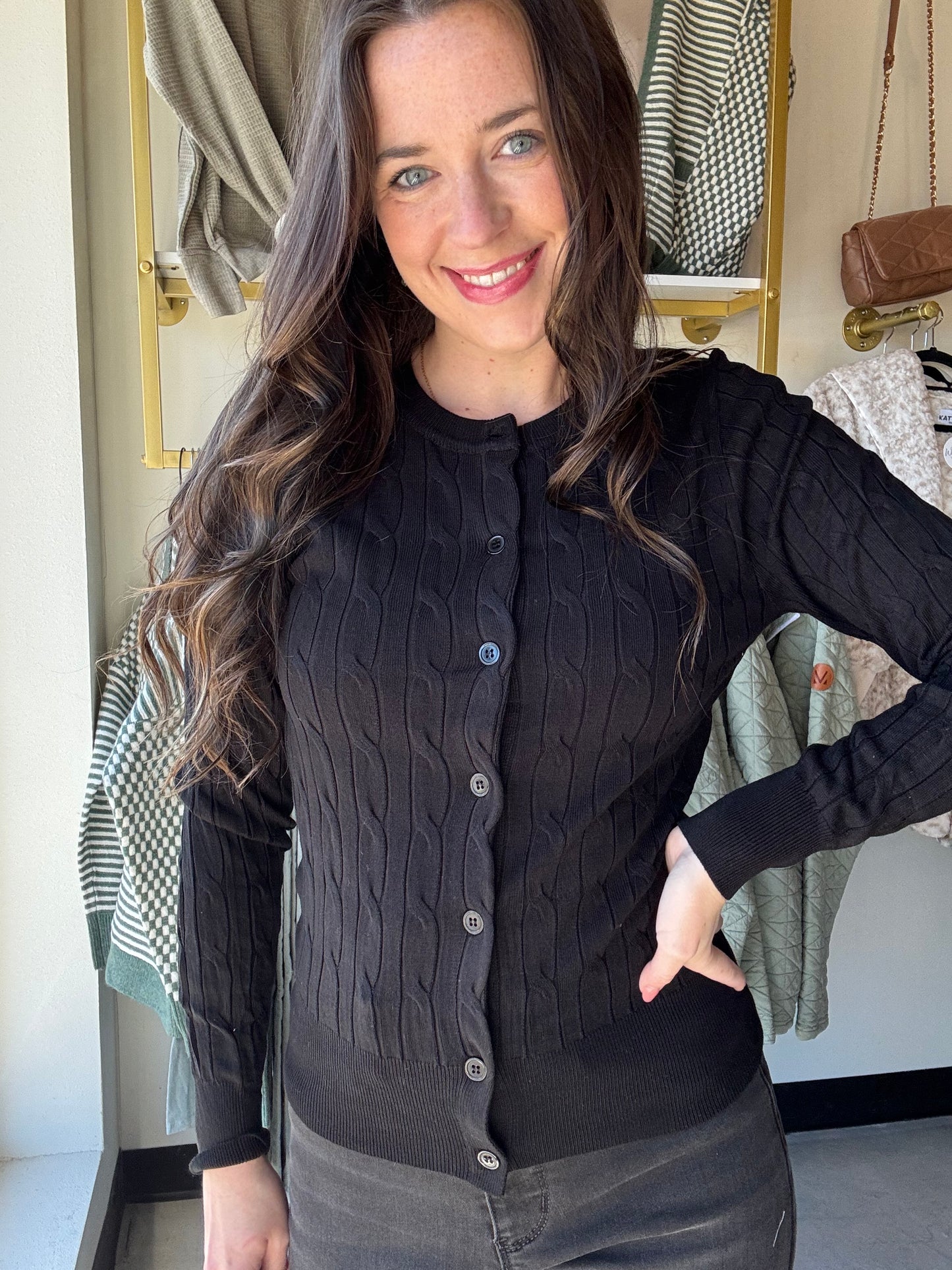 Black Button Up Cable Knit Cardigan