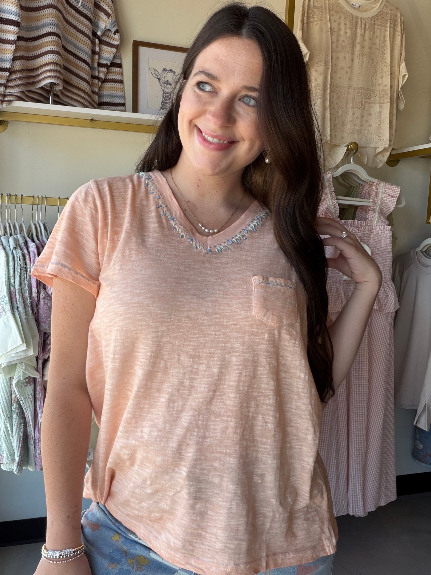 Coral Peach Slub V Neck Tee