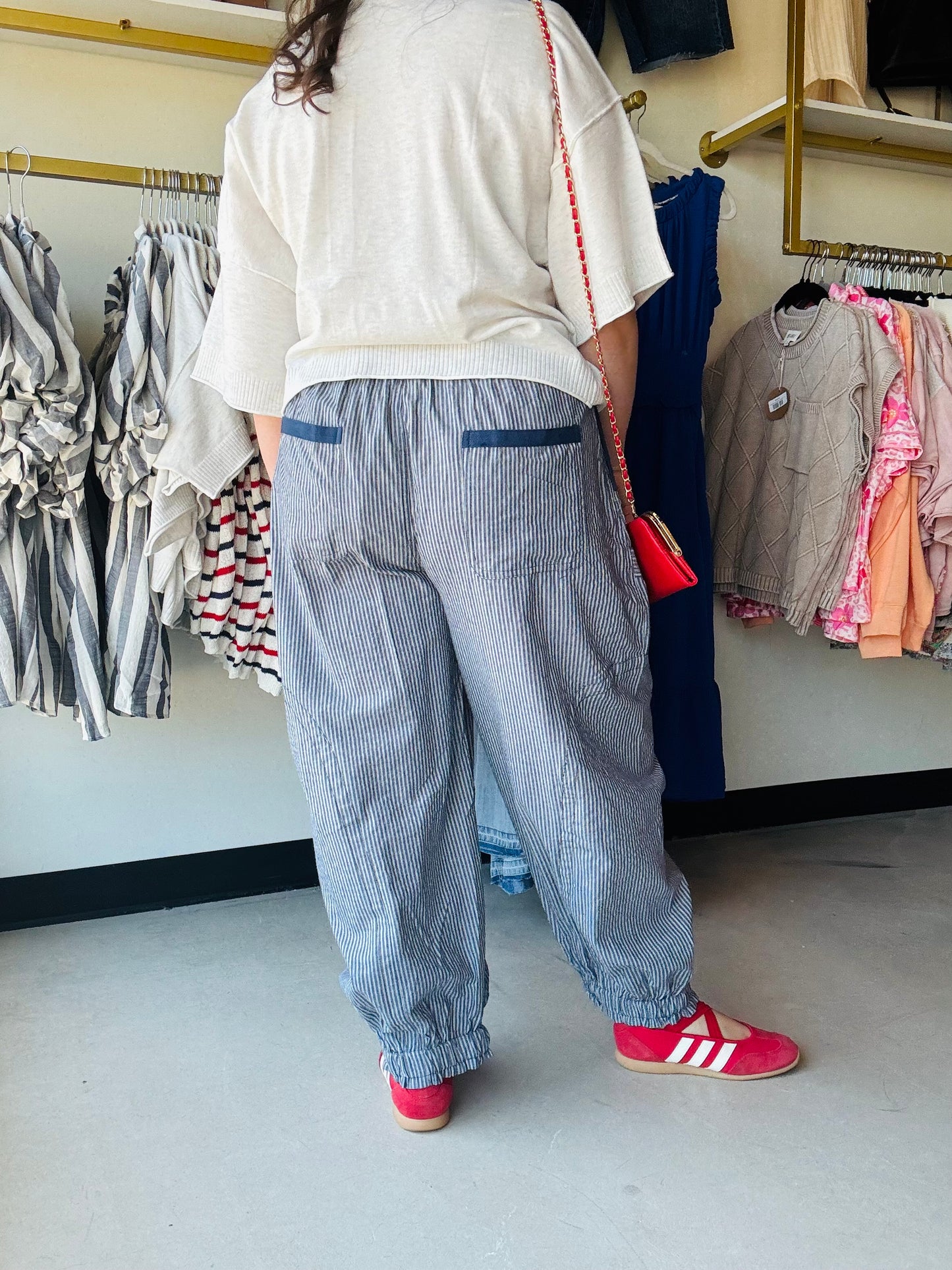 Navy Stripe Drawstring Parachute Pants