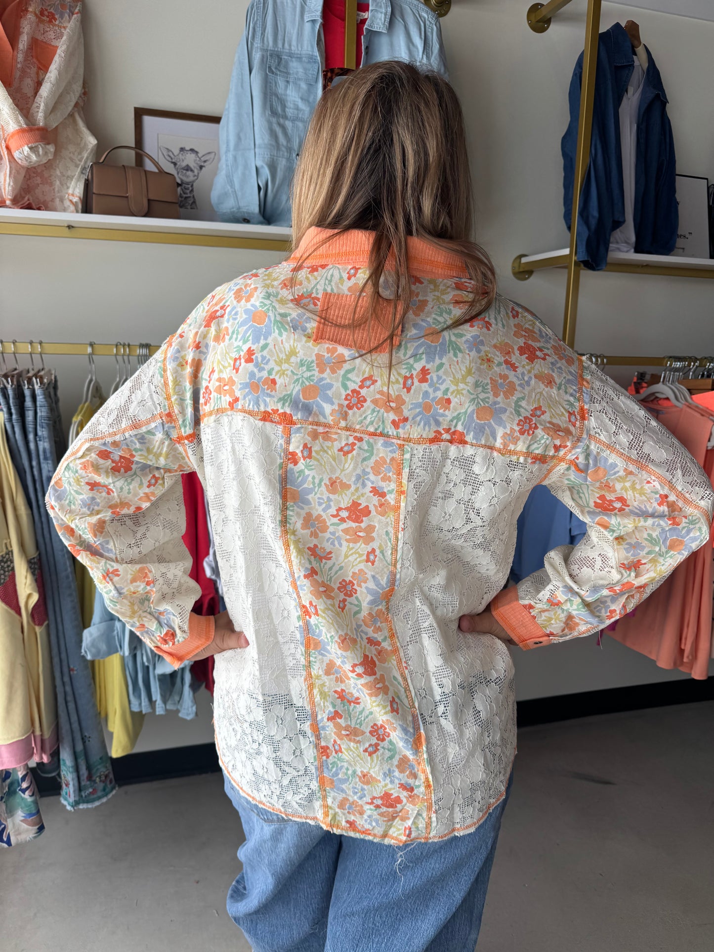 Coral Accent Trim Lace Top