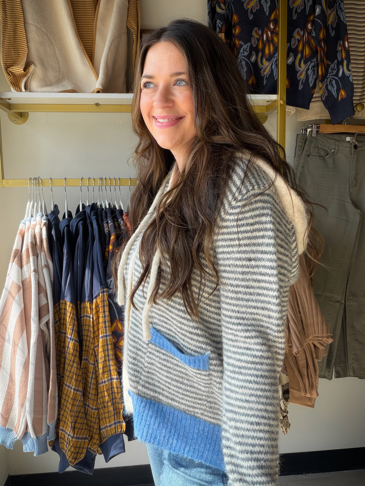 Blue Gray Contrast Button Hoodie
