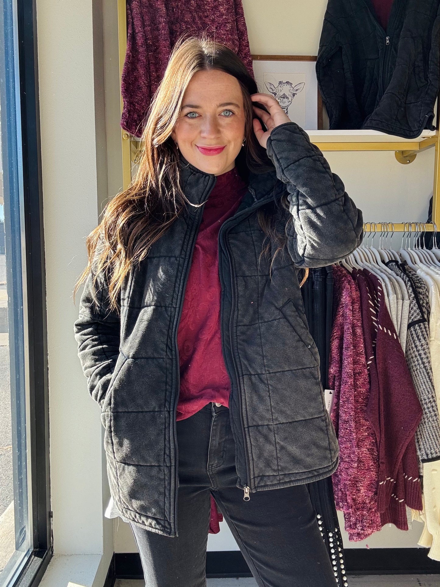 Charcoal Quilted Zip Up Jacket