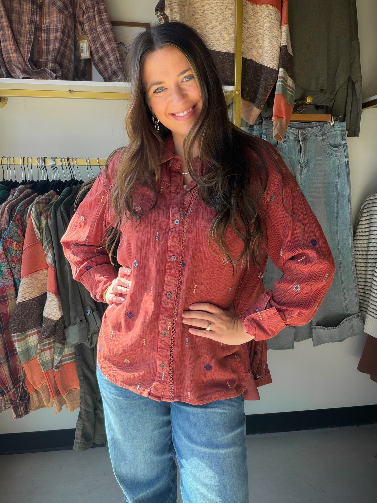 Rust Embroidered Button Up