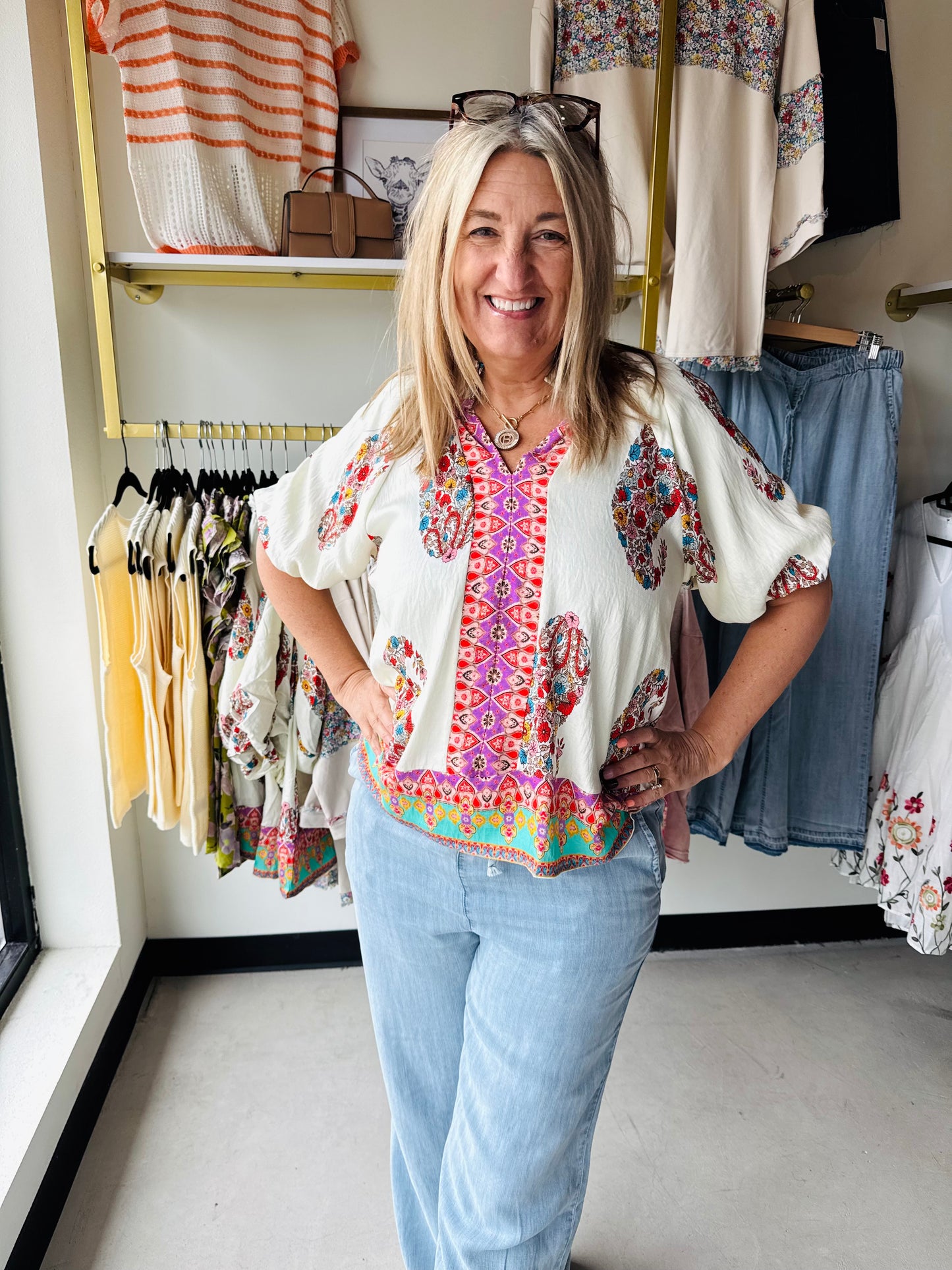 Ecru Paisley Border Trim Boho Top