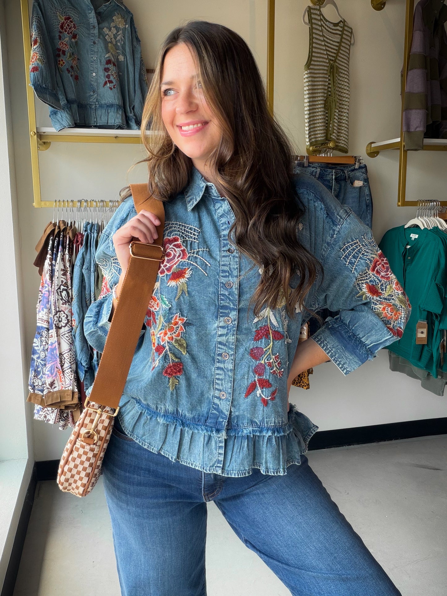 Embroidered Chambray Peplum Top