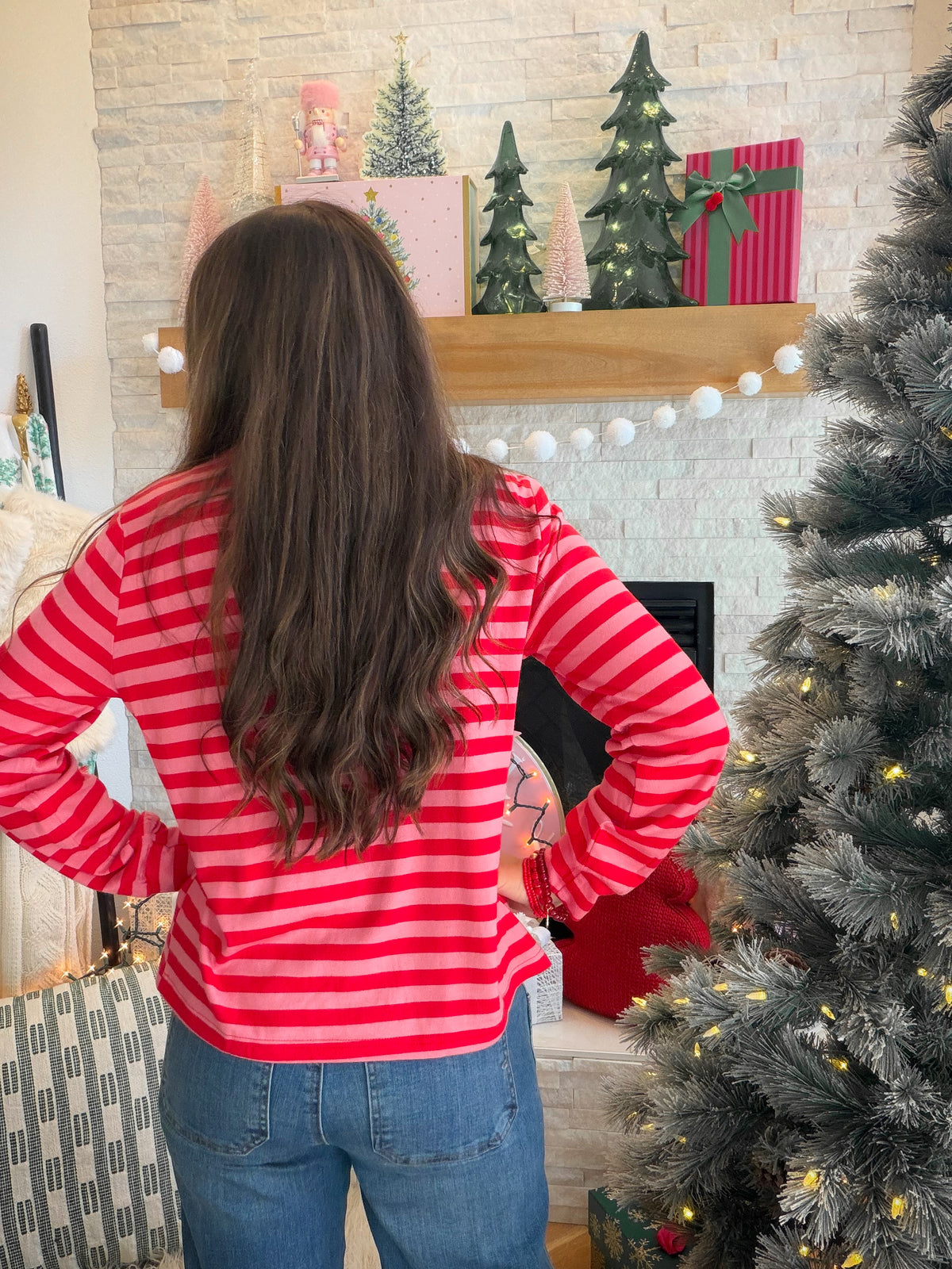 Red Pink Stripe Funnel Neck