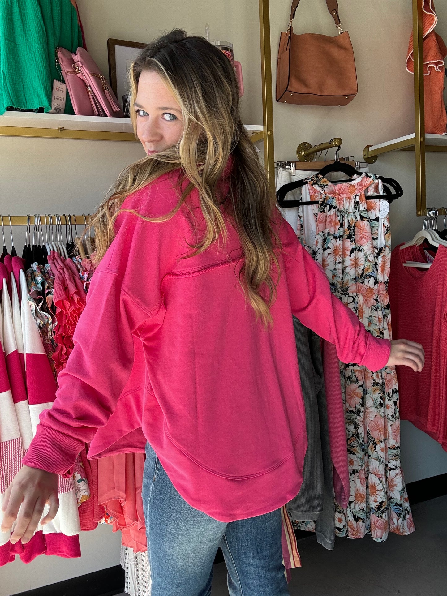 Fuchsia Deep V Cuff Pullover