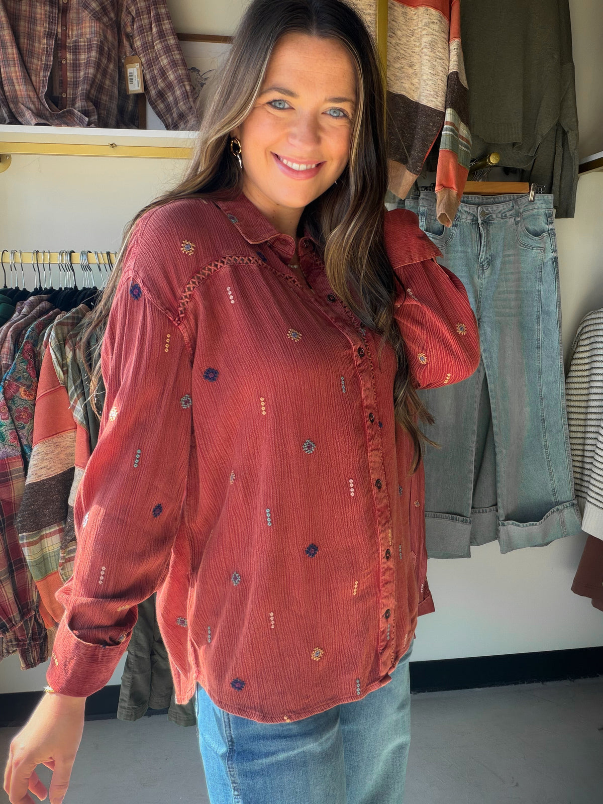 Rust Embroidered Button Up
