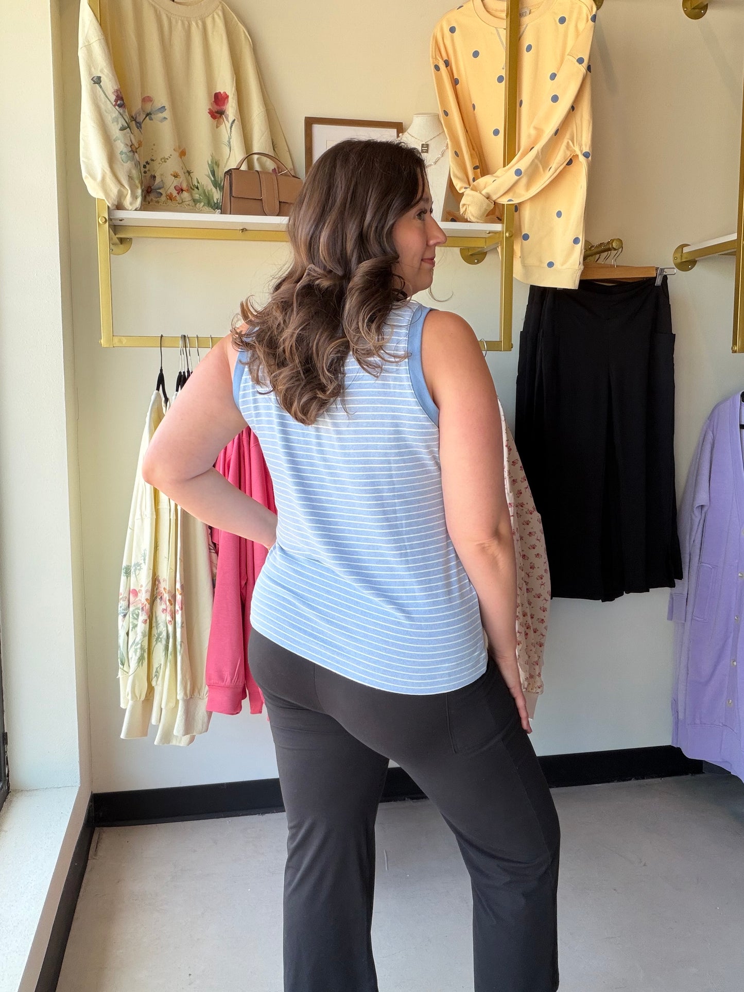 Pink Accent Collar Stripe Tank