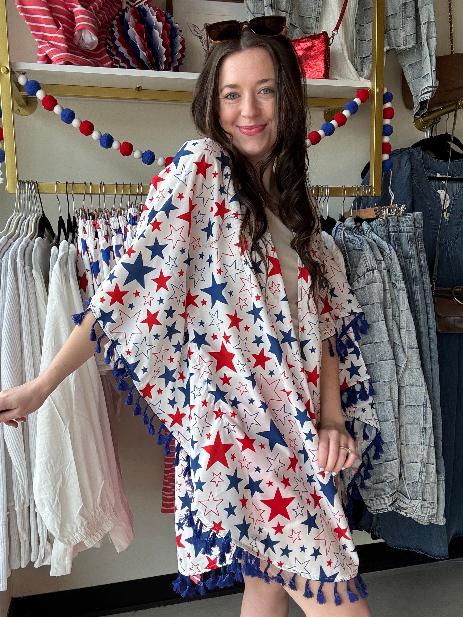 The perfect 4th of July Kimono to ring in the holiday with red, white and blue stars and a splash of fringe.