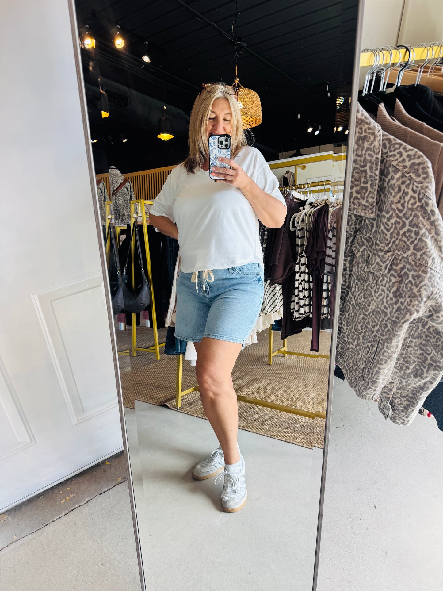 Light Wash Relaxed Front Tie Shorts