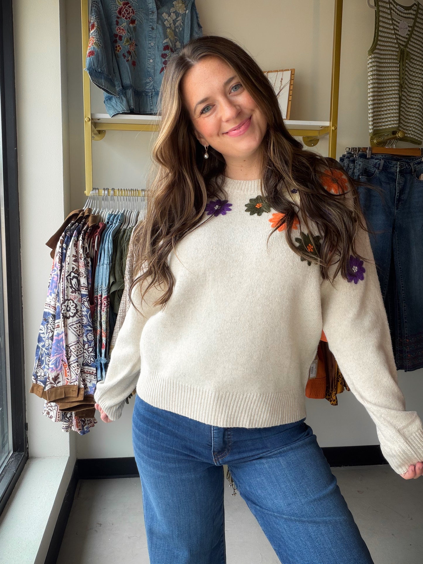 Beige Fall Floral Sweater