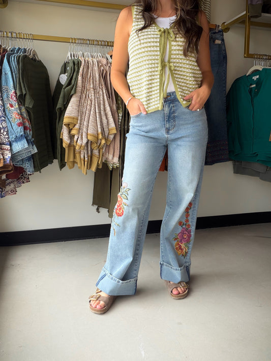 Tru Luxe Jeans

Floral embroidery and a foldover cuff give this wide leg jean a romantic, one-of-a-kind detail. Made from a soft stretch blend, it can be worn rolled for a cropped look or released for a longer leg line, offering two fits in one.

Wide leg jean with embroidery and foldover cuff
Floral embroidered detail
Foldover cuff, wear rolled or released
Light indigo wash
Cotton/poly/rayon/spandex stretch fabric
Romantic, elevated denim style
