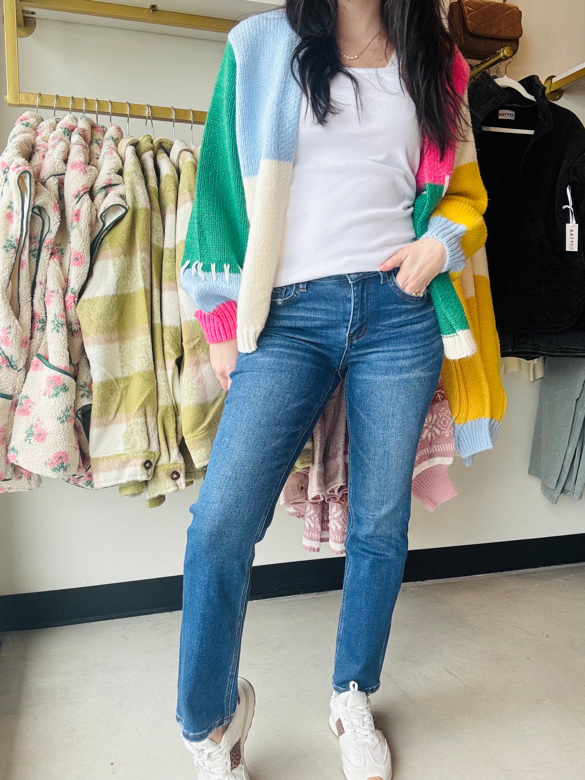 Flying Monkey

These Mid Rise Ankle Slim Straight Jeans are made from comfortable stretch denim, feature a mid rise waist, and have 5 pockets for practicality. With a lightly distressed detail and an ankle length, these jeans come in a dark wash and a slim straight fit. Measurements include a front rise of 9", an inseam of 28", and a leg opening of 14".