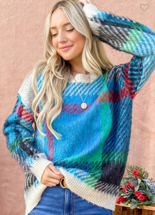 Multi Color Plaid Print Sweater