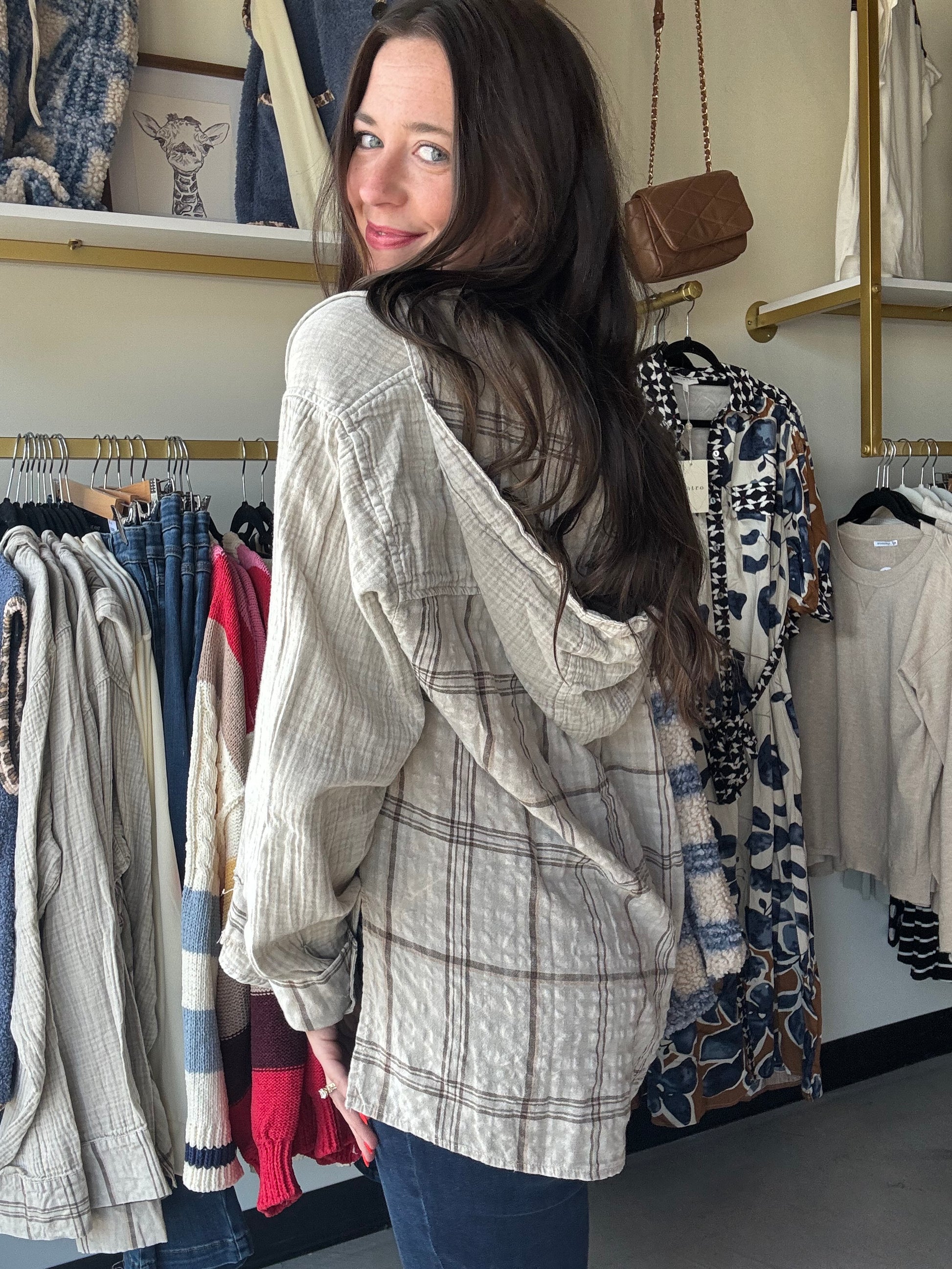 Cozy up in this playful Plaid Washed Cotton Hoodie, designed for effortless style and comfort. Featuring a soft, textured gauze fabric with a contrasting plaid pattern, it offers a relaxed fit with dropped shoulders and buttoned cuffs. The attached drawstring hood and front chest pocket add practical charm, while the button-down pullover design lets you mix and match with ease. Perfect for layering or wearing solo, this hoodie brings a fun, casual vibe to your everyday look.