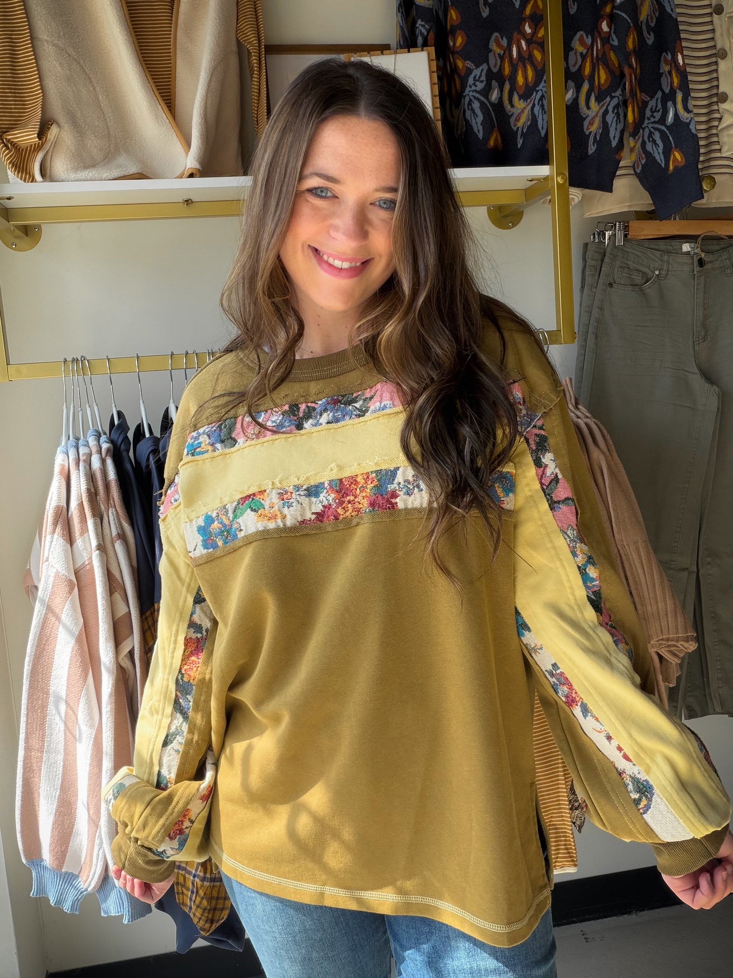 Texture meets color in the best way. The&nbsp;Jacquard Stripe Pullover in Golden Kiwi by Easel is a mineral-washed terry pullover with mixed fabric patchwork and colorblock design that makes it feel like wearable art. Warm golden kiwi tones, a relaxed oversized silhouette, and dropped shoulders give this pullover that effortlessly cool, lived-in energy you’ll reach for all season long.

Why You'll Love It

Mixed fabric patchwork &amp; colorblock design — unique, textured, and eye-catching
Mineral washed ter