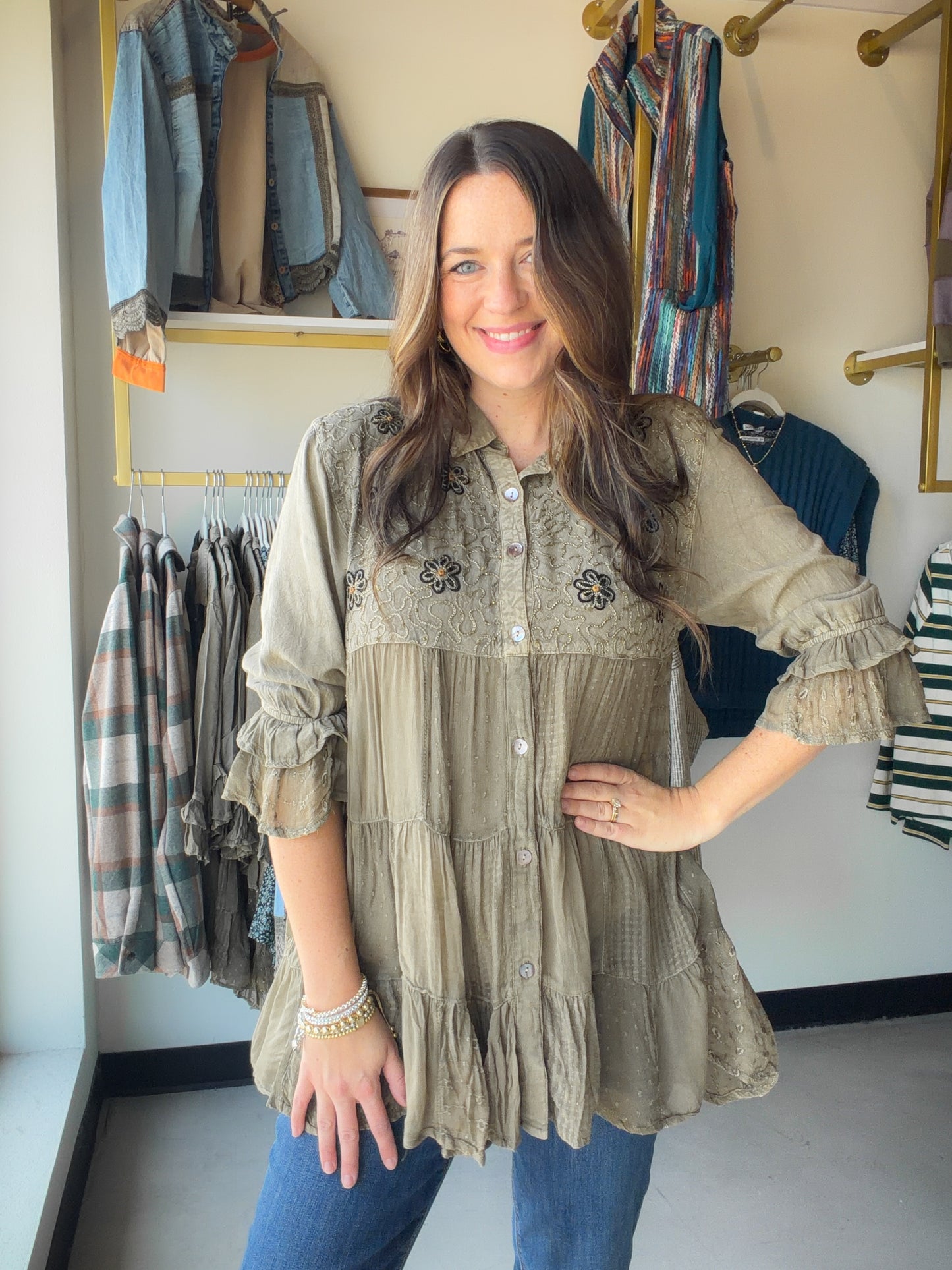 Gravel Gathered Embroidered Blouse

Meet your new warm-weather staple. The Gravel Gathered Embroidered Blouse wraps you in effortless artisan charm — think vibrant multicolor floral embroidery hand-stitched across the front yoke, a softly gathered waist that skims your curves, and a lightly flared hem that moves with you all day long.

Crafted from 100% viscose, this blouse feels as good as it looks — smooth, breathable, and weightless against your skin. Whether you're strolling a weekend market, heading to