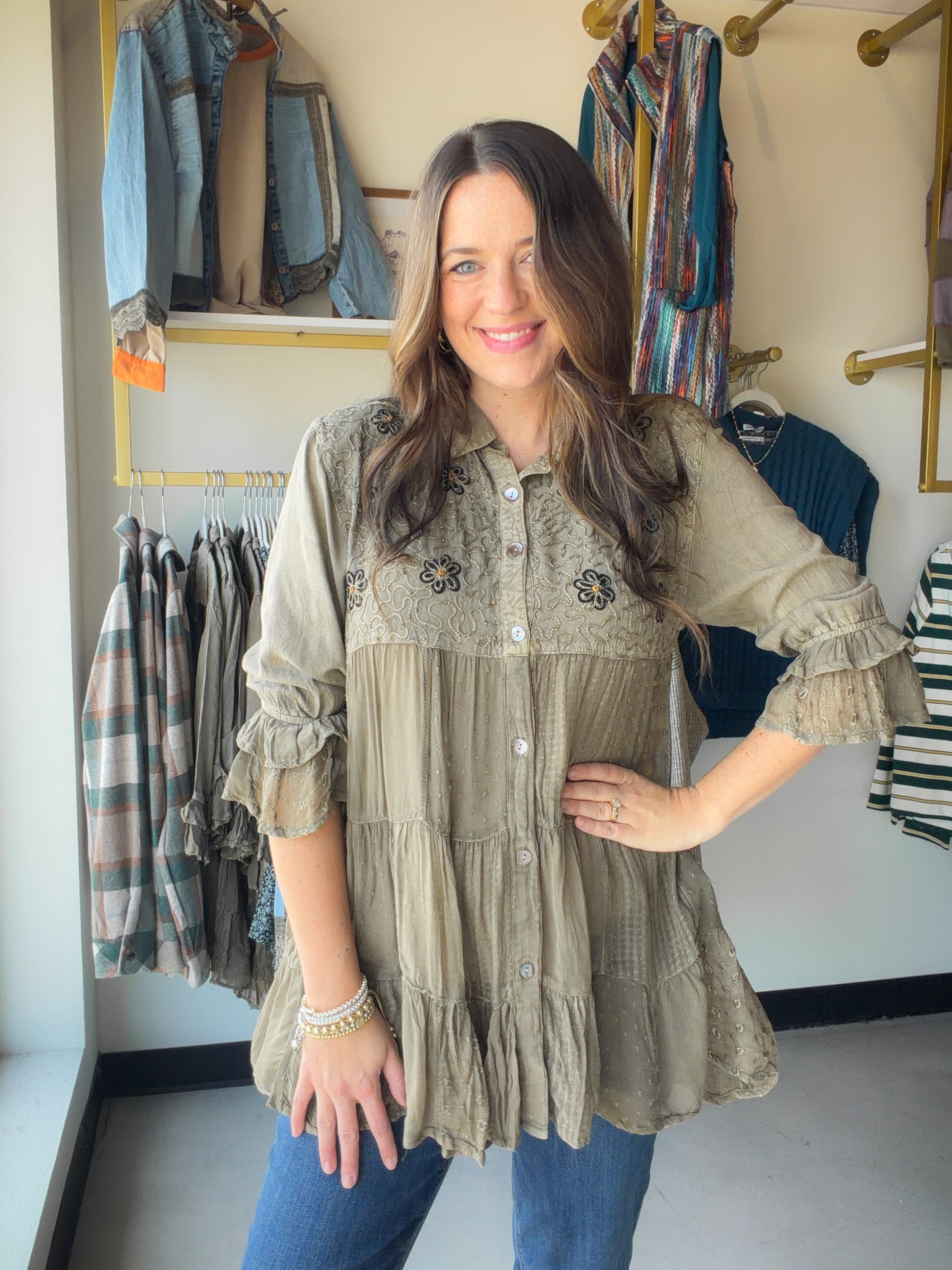 Gravel Gathered Embroidered Blouse

Meet your new warm-weather staple. The Gravel Gathered Embroidered Blouse wraps you in effortless artisan charm — think vibrant multicolor floral embroidery hand-stitched across the front yoke, a softly gathered waist that skims your curves, and a lightly flared hem that moves with you all day long.

Crafted from 100% viscose, this blouse feels as good as it looks — smooth, breathable, and weightless against your skin. Whether you're strolling a weekend market, heading to