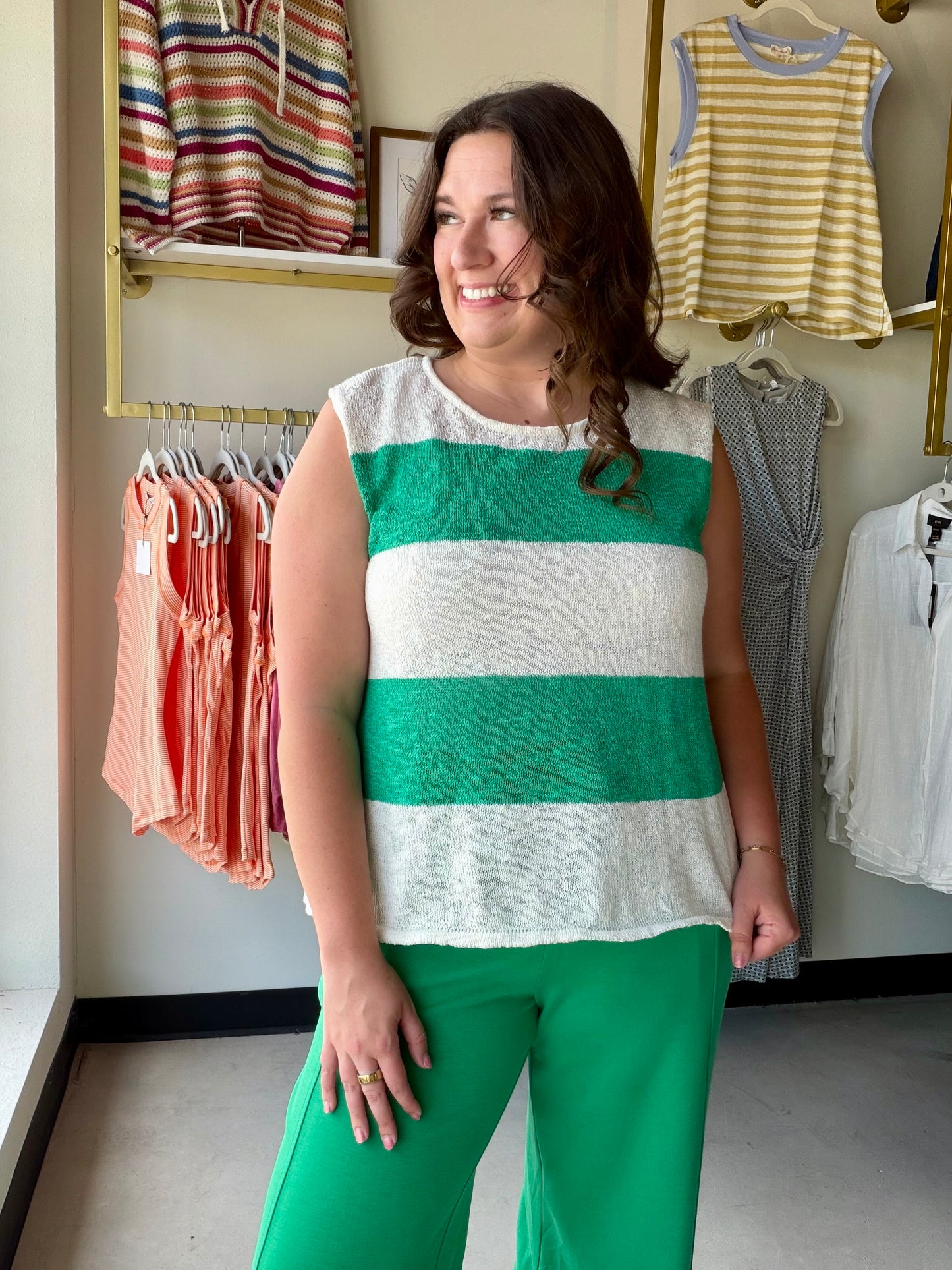 Your summer wardrobe just got a refresh. The Green Wide Stripe Tank by Sunday Edition is a breezy, low-gauge sweater tank that strikes the perfect balance between laid-back and put-together. The bold wide stripes make a statement while the lightweight fabric keeps you cool all season long.

Dress it up with linen trousers and sandals or keep it casual with your favorite denim shorts — either way, this tank does the heavy lifting for you.

Wide stripe pattern
Low gauge, lightweight summer sweater constructio