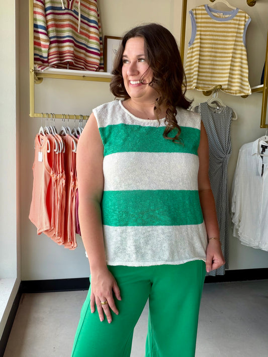 Your summer wardrobe just got a refresh. The Green Wide Stripe Tank by Sunday Edition is a breezy, low-gauge sweater tank that strikes the perfect balance between laid-back and put-together. The bold wide stripes make a statement while the lightweight fabric keeps you cool all season long.

Dress it up with linen trousers and sandals or keep it casual with your favorite denim shorts — either way, this tank does the heavy lifting for you.

Wide stripe pattern
Low gauge, lightweight summer sweater constructio