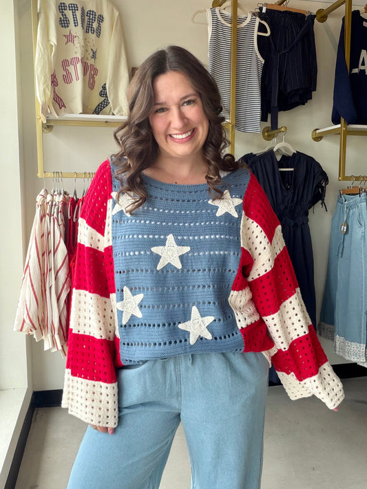 Haptics

Celebrate in style with this stunning Haptics semi-sheer crochet sweater featuring a bold patriotic color block design. Its lightweight, breathable knit makes it the ultimate statement piece for summer sunsets and holiday festivities. Effortlessly cool and comfortably oversized, it’s the perfect blend of boho-chic and American pride

Bold patriotic star and stripe design.
Breezy semi-sheer crochet for comfort.
Relaxed fit for effortless layering.
Perfect for July 4th celebrations.
Premium Haptics q