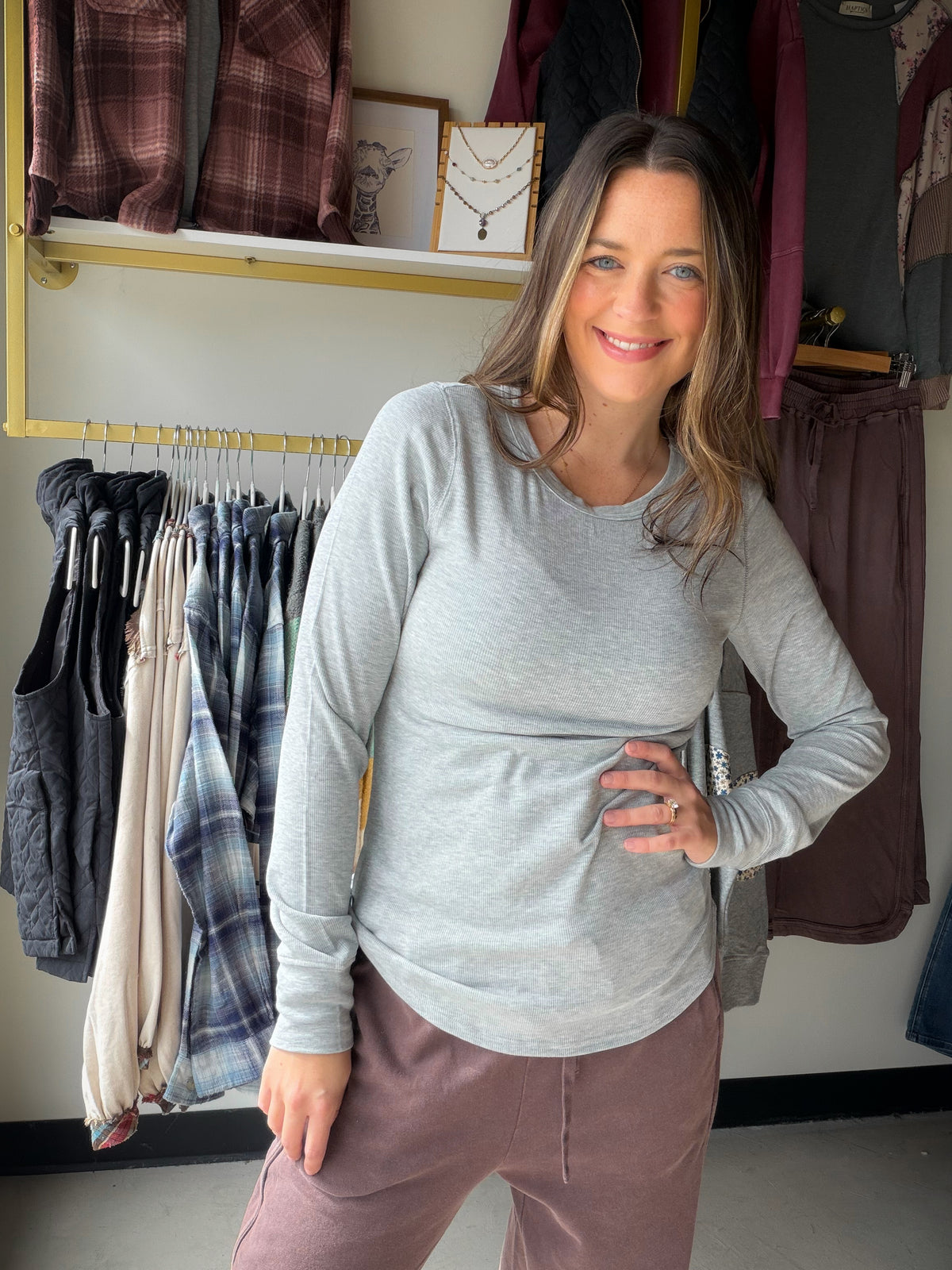 Thread and Supply&nbsp;

So classic and effortless, this essential long sleeve tee from our basics collection is featured in a relaxed silhouette and crew neckline.&nbsp;

Long-sleeved top
Crew neckline
Measurements for a size small:

Length: 25.5"
Chest: 16"
Sleeve length: 25.5"
Sweep: 17 1/4"
Fabric Content/Care:&nbsp;

95% Rayon
5% Spandex