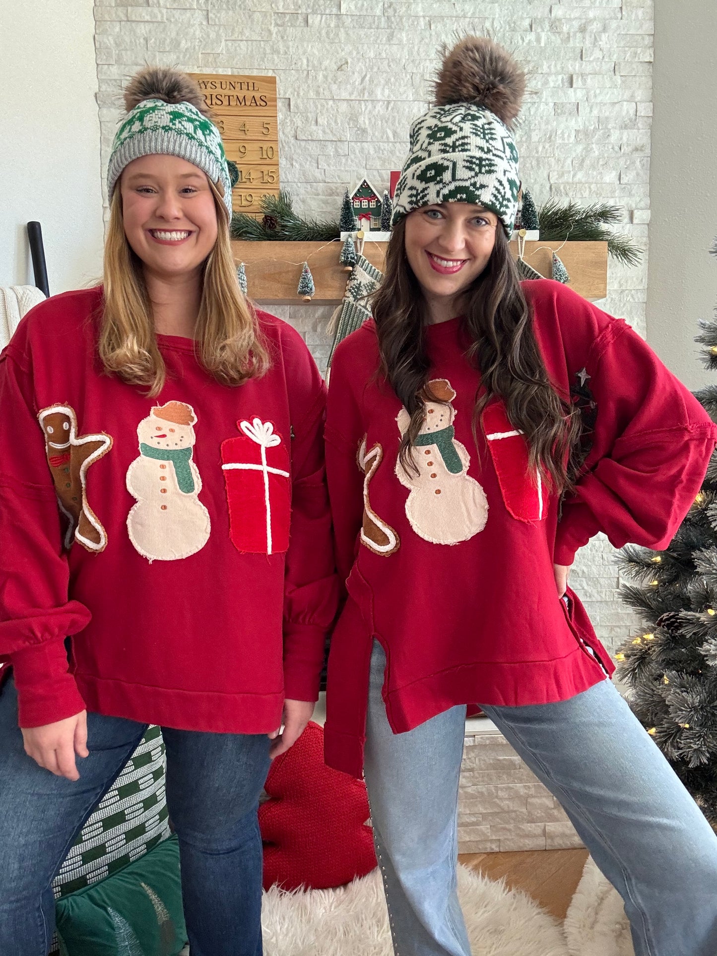 Get into the holiday spirit with this charming crimson sweatshirt, adorned with textured corduroy Christmas patches that add personality and festive flair. Crafted from soft French terry fabric, it's designed for all-day comfort whether you're decorating, caroling, or cozying up by the fire. The playful high-low hem gives it a contemporary edge that sets it apart from typical holiday wear. Celebrate the season in style with a sweatshirt that's as fun and jolly as the holidays themselves.

Fantastic Fawn