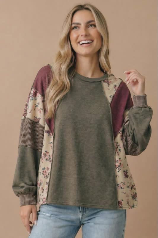 Mixed Media Olive Patchwork Top