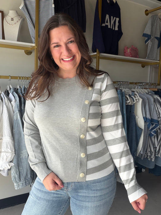 Grey Stripe Button Detail Sweater