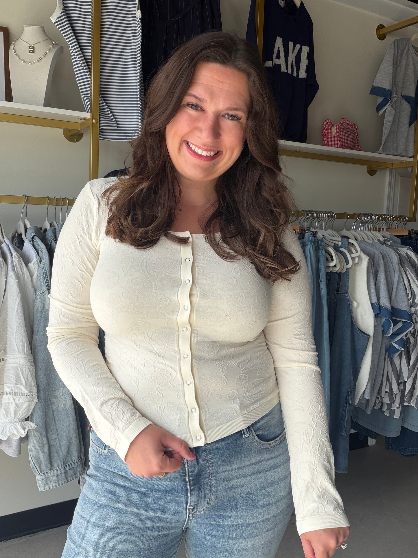 Cream Jacquard Button Top