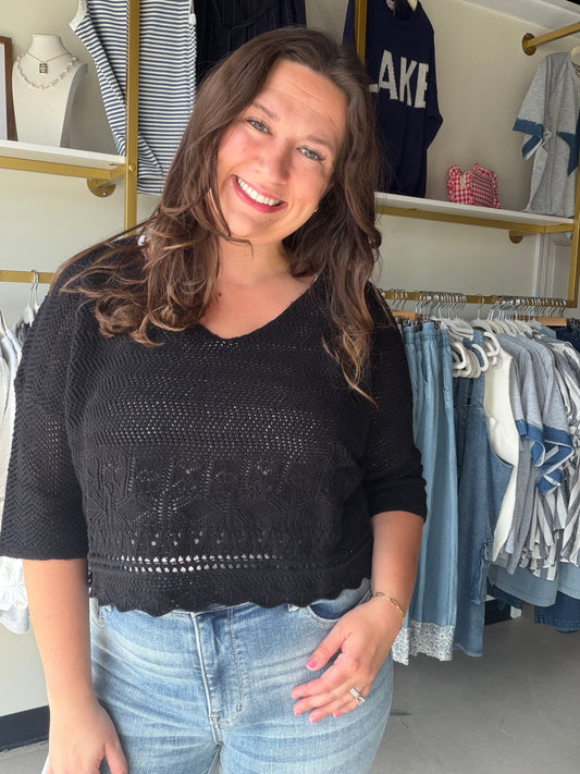 Black Cropped Crochet Sweater