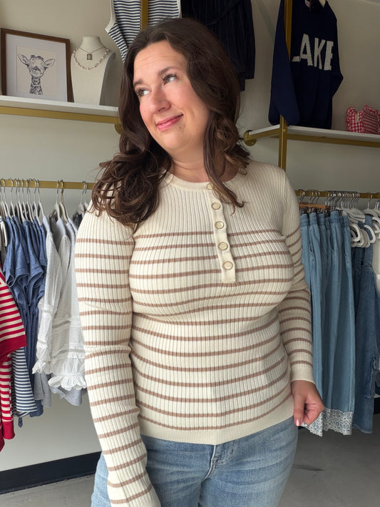 Taupe Stripe Button Sweater