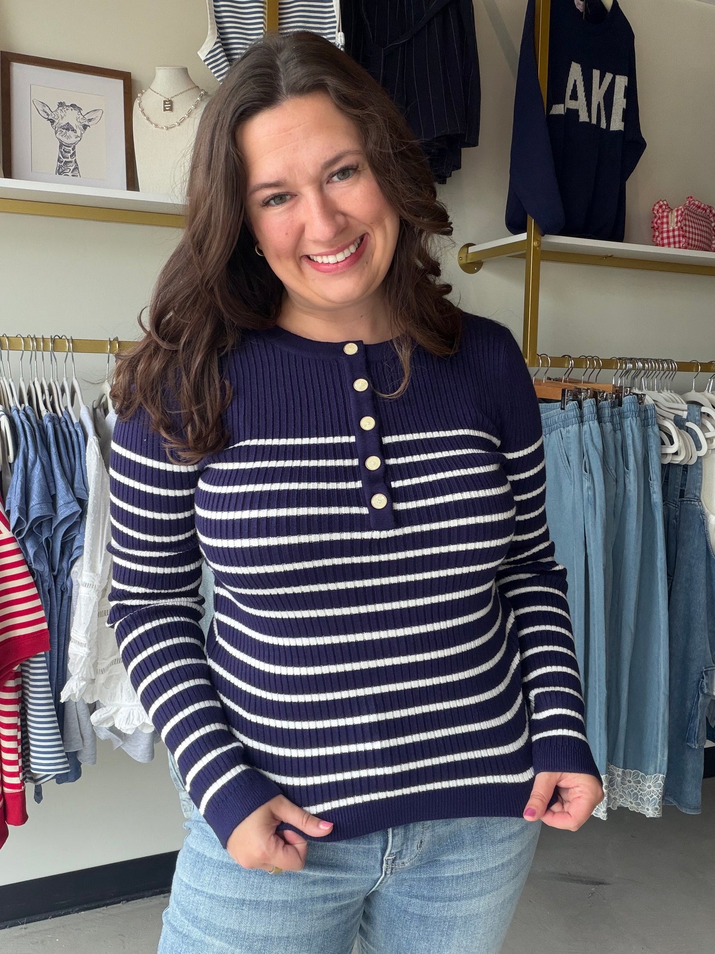 Navy Stripe Button Sweater