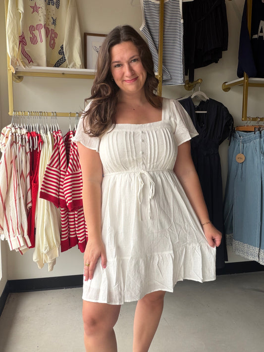 White Button Front Ruffle Dress
