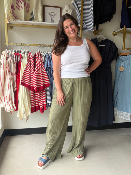 Olive Pleated Pull On Pants