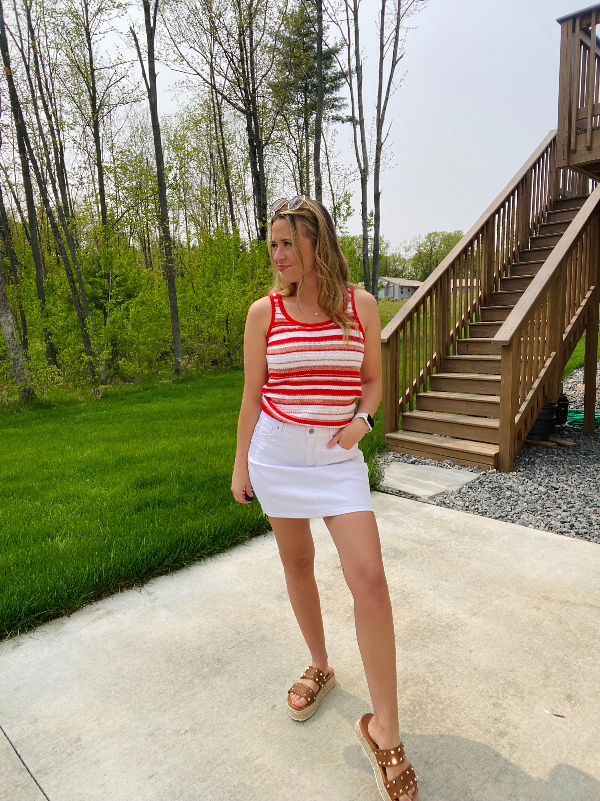 This Bomb Pop Red Scoop Neck Striped Tank is perfect for any time of year. Crafted from cozy sweater knit material, the wide straps and flirty fit pair perfectly with white and blue denim for a classic look. Enjoy a festive and fun style this season.