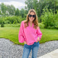 Introducing the Bubblegum Pink Woven Gauze Blouse, a stylish piece featuring V Neck Placket with Snap Closure, Raw Cut Edge Hem with Facing, Raglan Cut Bubble Sleeves, Gathered Neckline, Elasticized Wrists, and a Banded Collar. This garment is crafted with superior materials for a comfortable, timeless look.