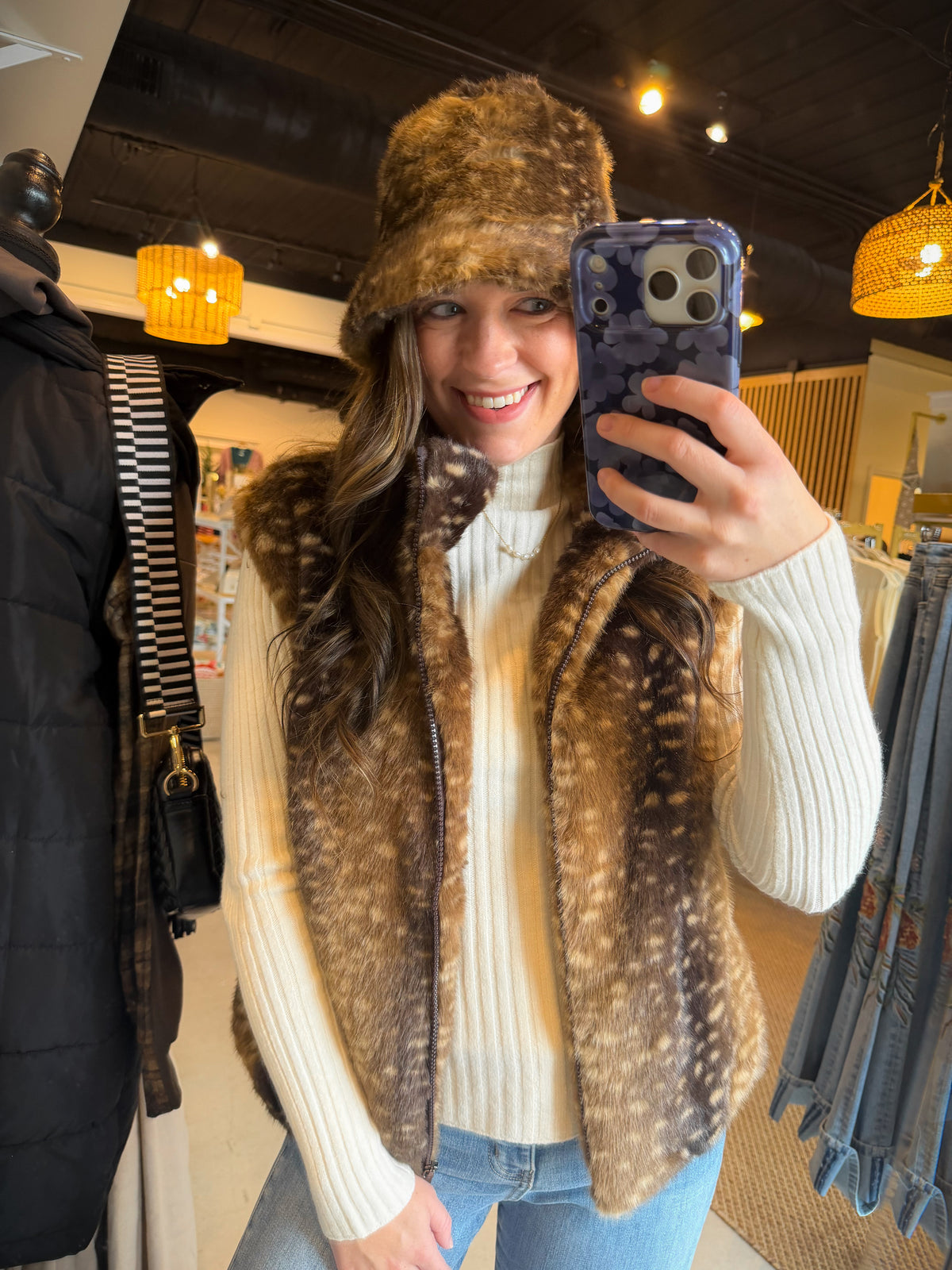 Doe Print Faux Fur Vest