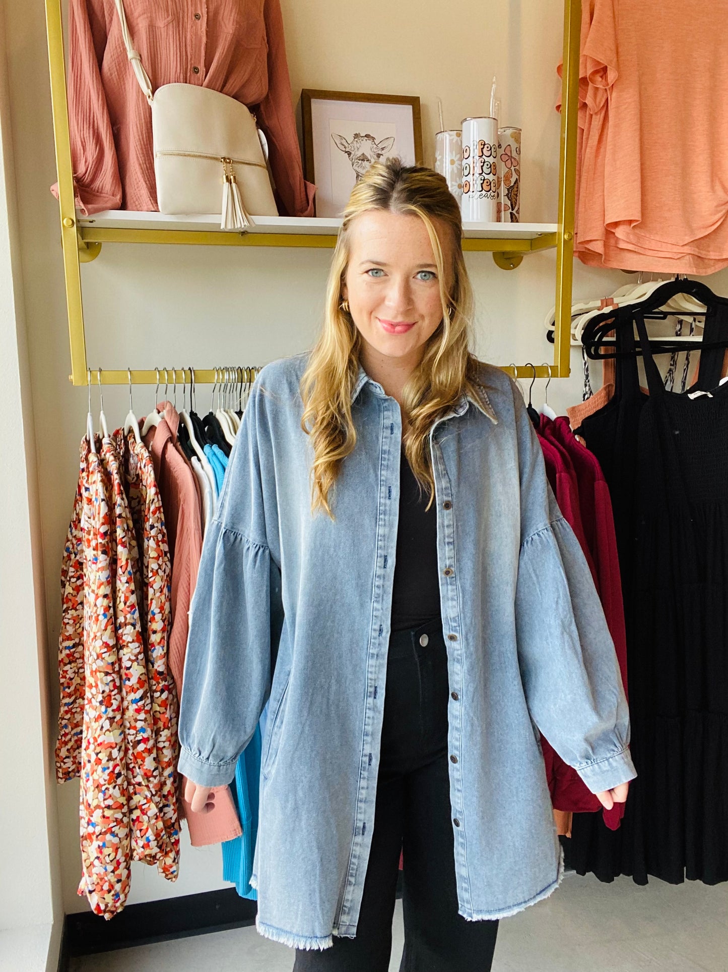 Washed Denim Balloon Sleeve Denim Tunic