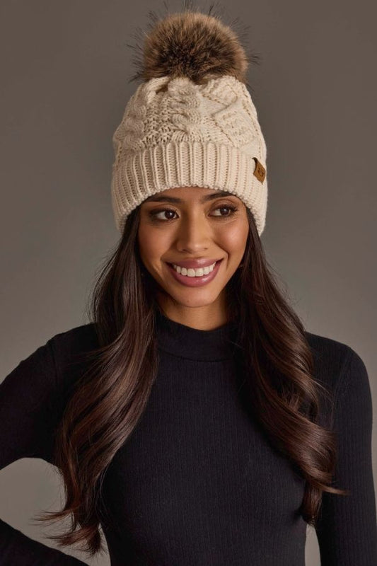 Ivory Cable Knit Pom Hat