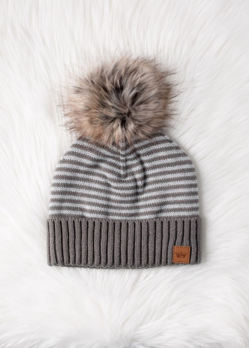 Grey Stripe Pom Hat