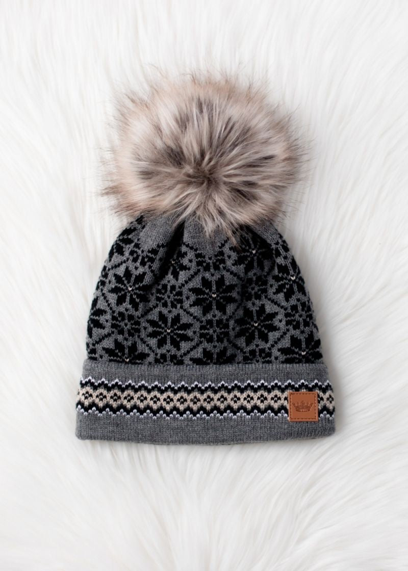 Grey Tan Band Pattern Pom Hat